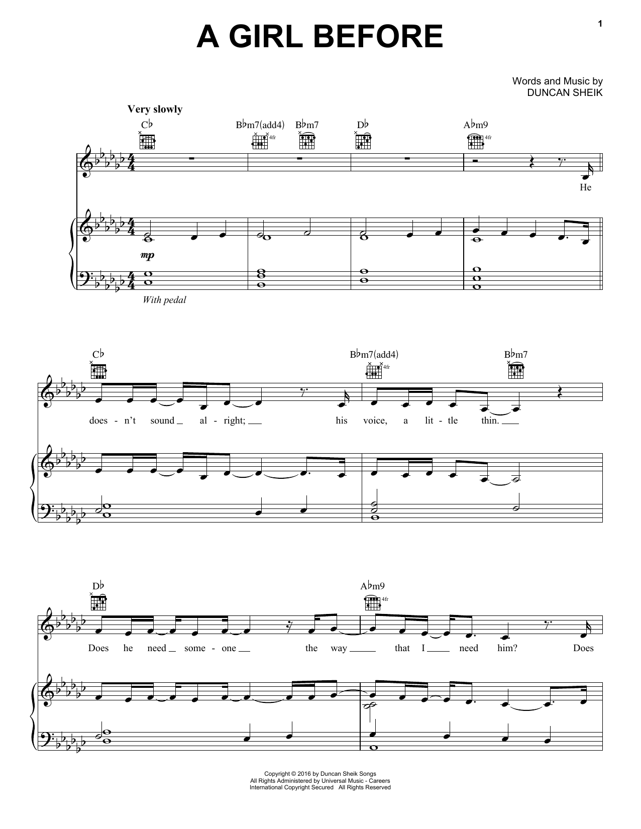 Duncan Sheik A Girl Before Sheet Music Notes & Chords for Piano, Vocal & Guitar (Right-Hand Melody) - Download or Print PDF