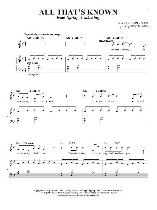 Duncan Sheik All That's Known Sheet Music Notes & Chords for VPROPG - Download or Print PDF