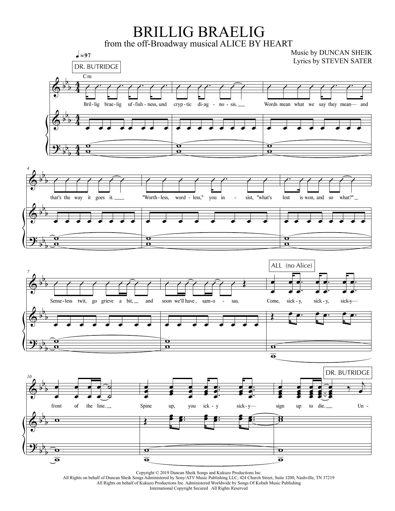 Duncan Sheik and Steven Sater Brillig Braelig (from Alice By Heart) Sheet Music Notes & Chords for Piano & Vocal - Download or Print PDF