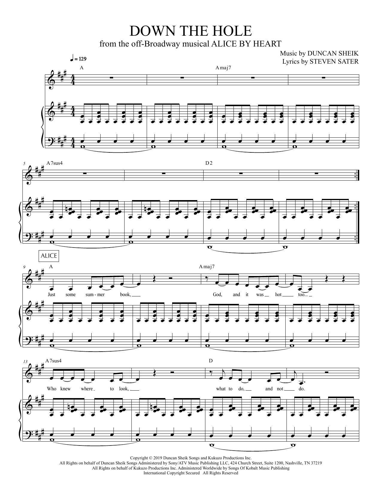 Duncan Sheik and Steven Sater Down The Hole (from Alice By Heart) Sheet Music Notes & Chords for Piano & Vocal - Download or Print PDF
