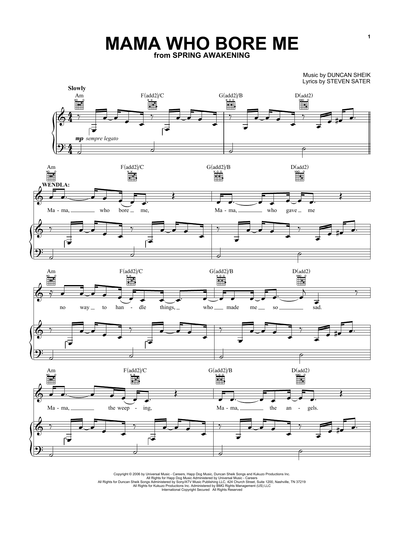 Duncan Sheik and Steven Sater Mama Who Bore Me (from Spring Awakening) Sheet Music Notes & Chords for Vocal Pro + Piano/Guitar - Download or Print PDF