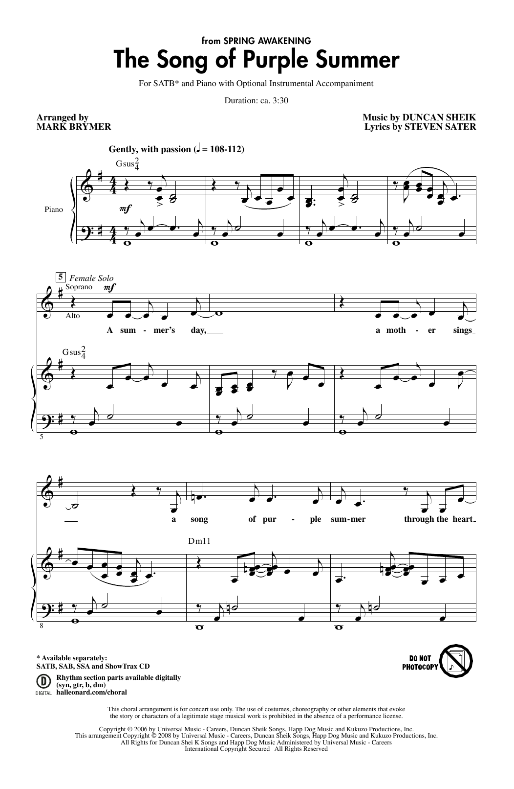 Duncan Sheik and Steven Sater The Song Of Purple Summer (from Spring Awakening) (arr. Mark Brymer) Sheet Music Notes & Chords for SATB Choir - Download or Print PDF