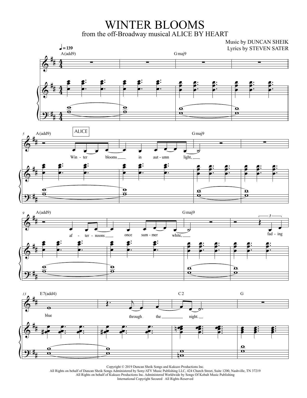 Duncan Sheik and Steven Sater Winter Blooms (from Alice By Heart) Sheet Music Notes & Chords for Piano & Vocal - Download or Print PDF