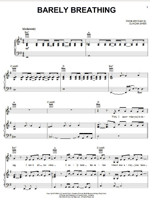 Duncan Sheik Barely Breathing sheet music notes and chords. Download Printable PDF.