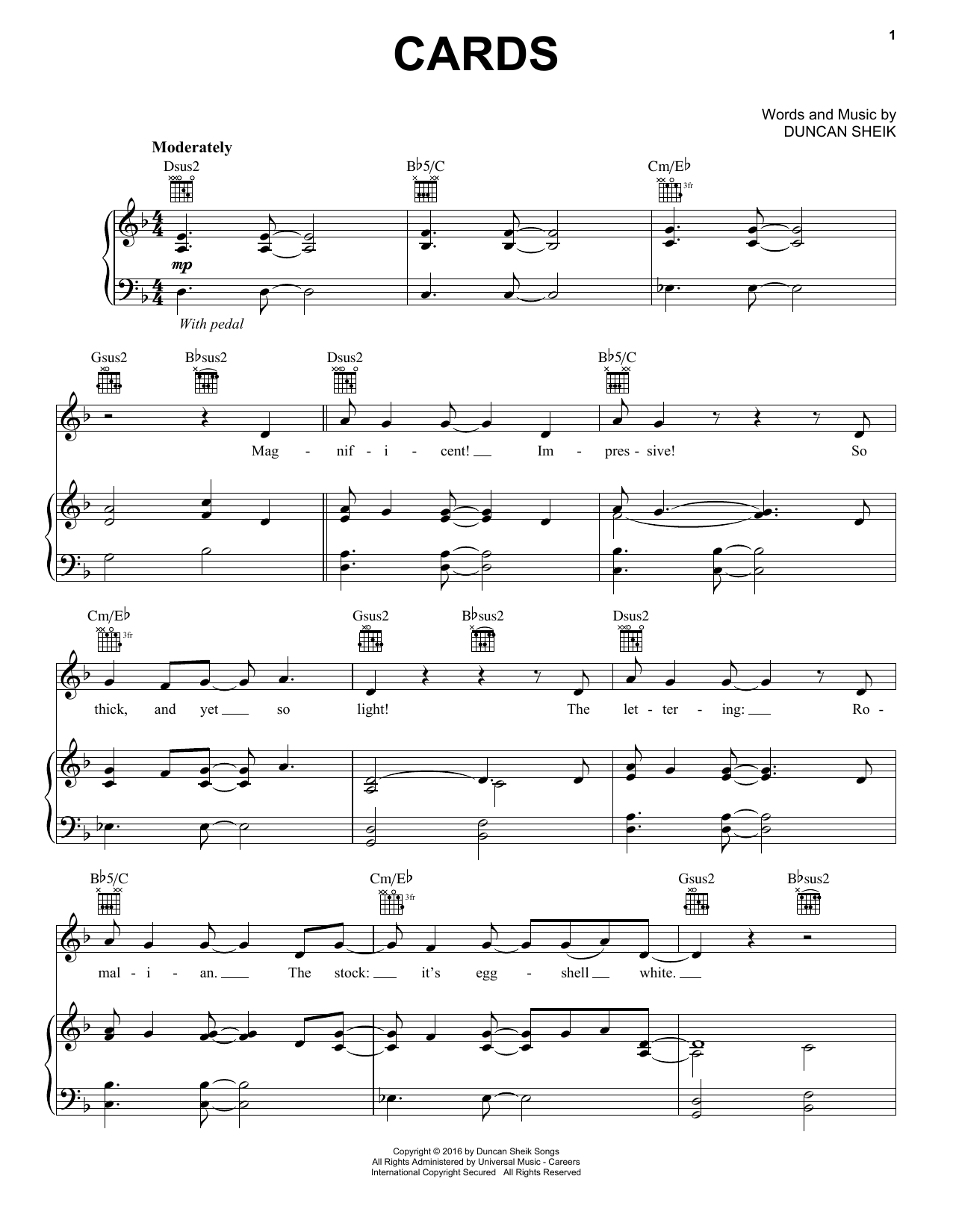 Duncan Sheik Cards Sheet Music Notes & Chords for Piano, Vocal & Guitar (Right-Hand Melody) - Download or Print PDF