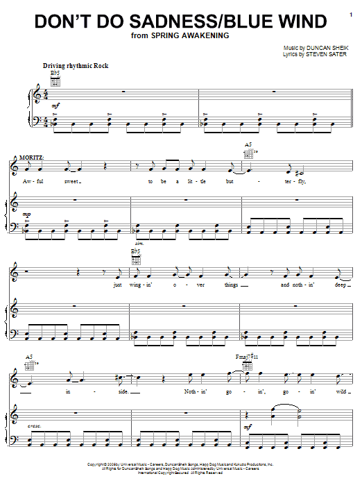 Duncan Sheik Don't Do Sadness/Blue Wind Sheet Music Notes & Chords for Piano, Vocal & Guitar (Right-Hand Melody) - Download or Print PDF