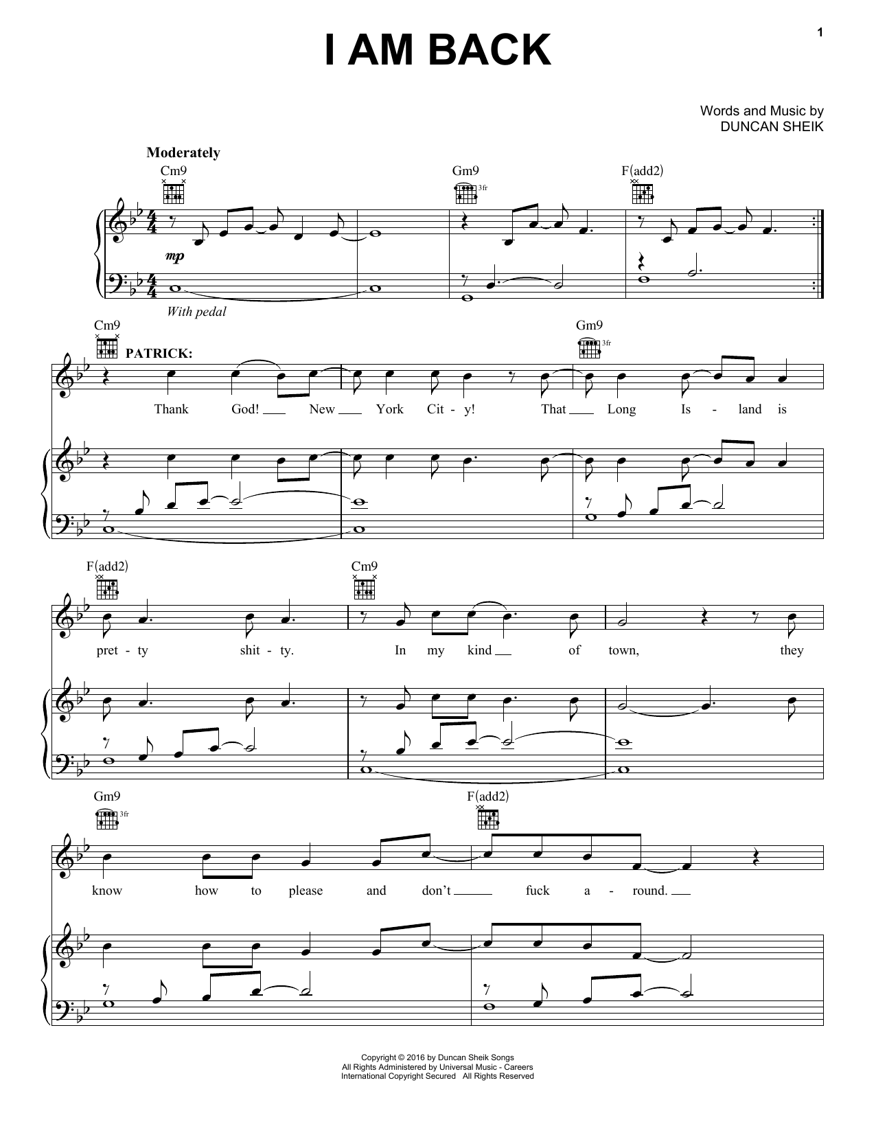Duncan Sheik I Am Back Sheet Music Notes & Chords for Piano, Vocal & Guitar (Right-Hand Melody) - Download or Print PDF