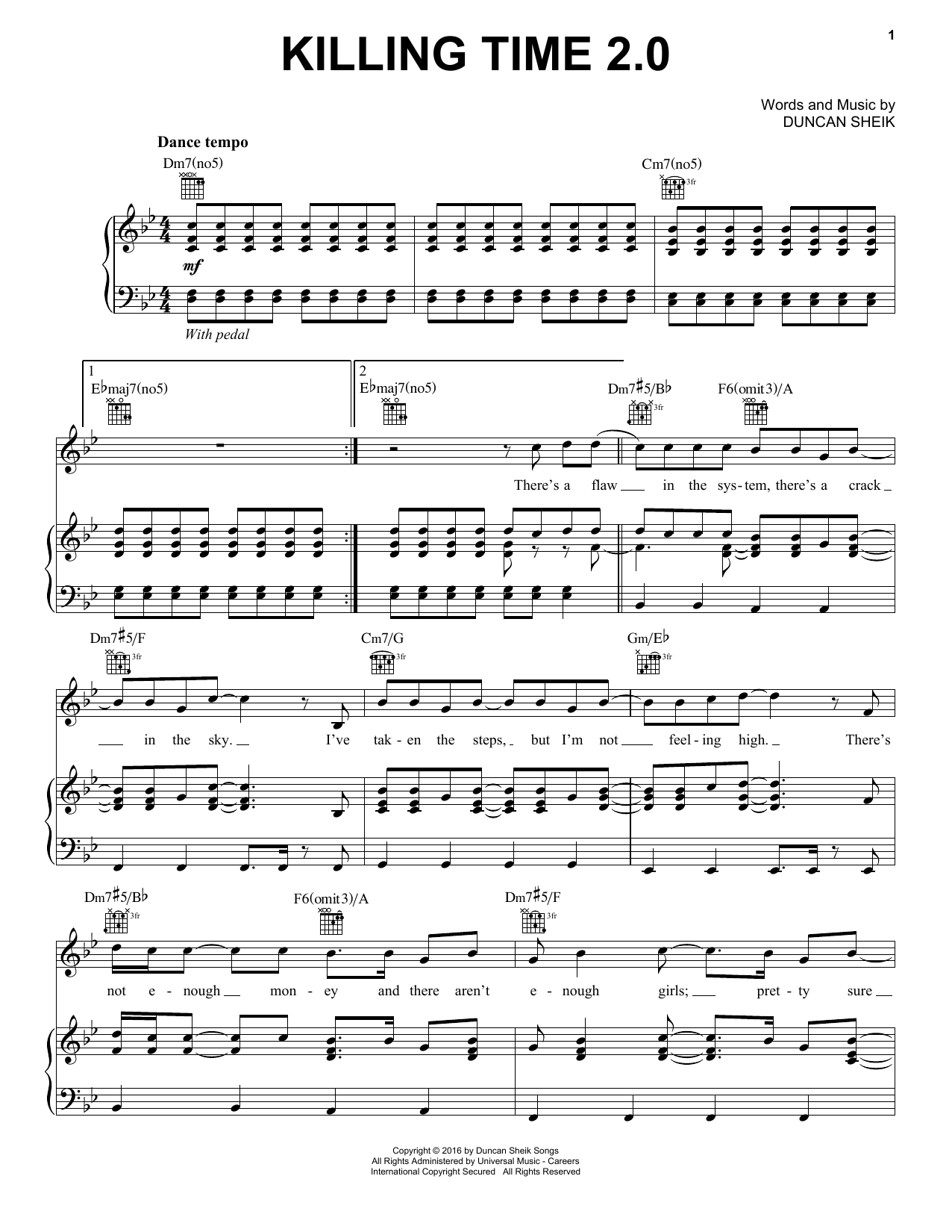 Duncan Sheik Killing Time 2.0 Sheet Music Notes & Chords for Piano, Vocal & Guitar (Right-Hand Melody) - Download or Print PDF