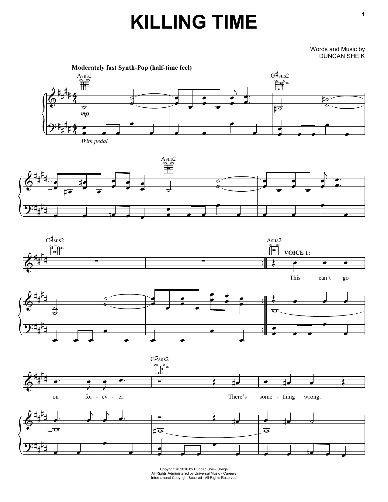 Duncan Sheik Killing Time Sheet Music Notes & Chords for Piano, Vocal & Guitar (Right-Hand Melody) - Download or Print PDF