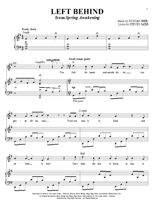 Duncan Sheik Left Behind Sheet Music Notes & Chords for Piano, Vocal & Guitar (Right-Hand Melody) - Download or Print PDF