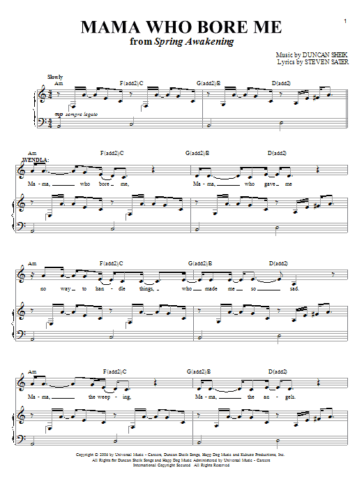 Duncan Sheik Mama Who Bore Me Sheet Music Notes & Chords for Piano, Vocal & Guitar - Download or Print PDF