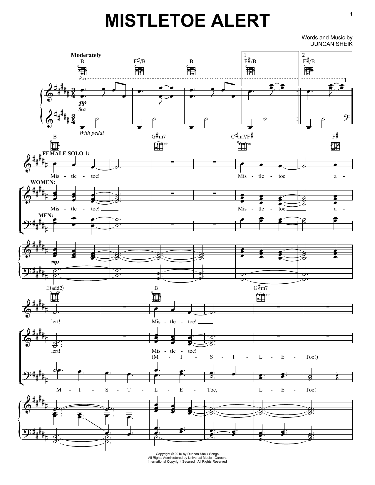 Duncan Sheik Mistletoe Alert Sheet Music Notes & Chords for Piano, Vocal & Guitar (Right-Hand Melody) - Download or Print PDF