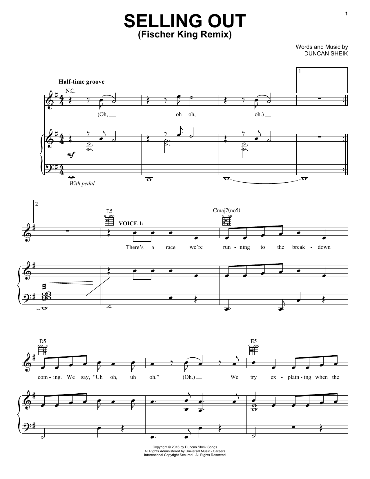Duncan Sheik Selling Out (Fischer King Remix) Sheet Music Notes & Chords for Piano, Vocal & Guitar (Right-Hand Melody) - Download or Print PDF
