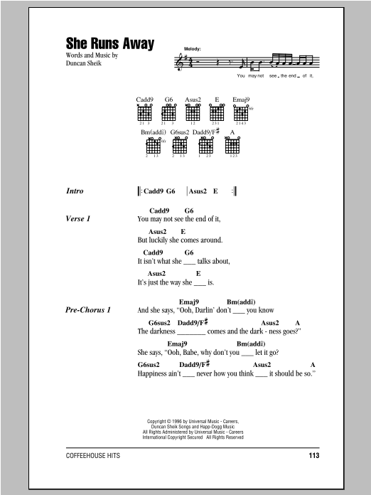 Duncan Sheik She Runs Away Sheet Music Notes & Chords for Easy Guitar - Download or Print PDF