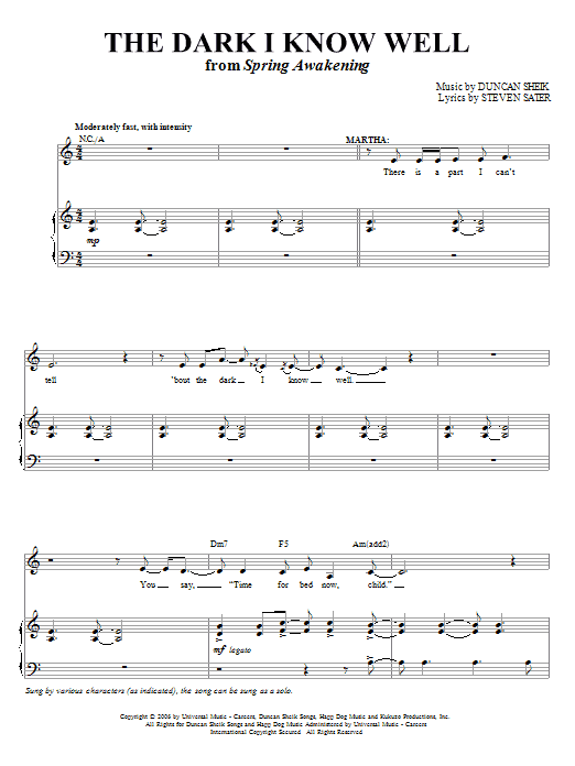 Duncan Sheik The Dark I Know Well Sheet Music Notes & Chords for Piano, Vocal & Guitar (Right-Hand Melody) - Download or Print PDF