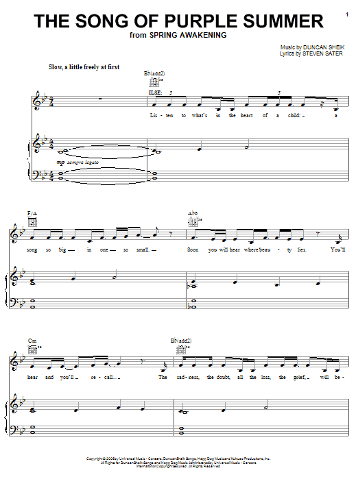 Duncan Sheik The Song Of Purple Summer Sheet Music Notes & Chords for Melody Line, Lyrics & Chords - Download or Print PDF
