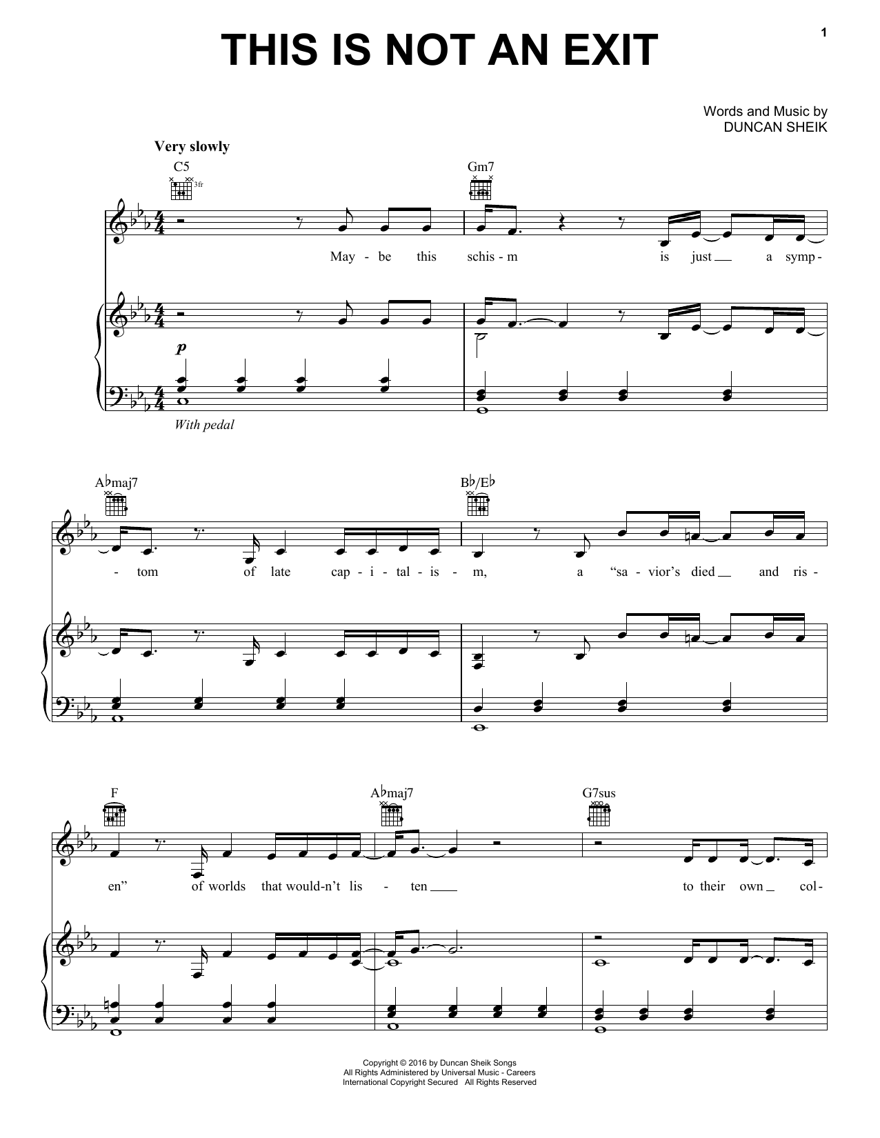 Duncan Sheik This Is Not An Exit Sheet Music Notes & Chords for Piano, Vocal & Guitar (Right-Hand Melody) - Download or Print PDF