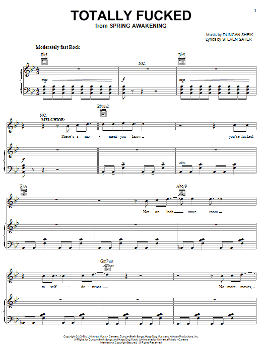 Duncan Sheik Totally Fucked Sheet Music Notes & Chords for Piano, Vocal & Guitar (Right-Hand Melody) - Download or Print PDF