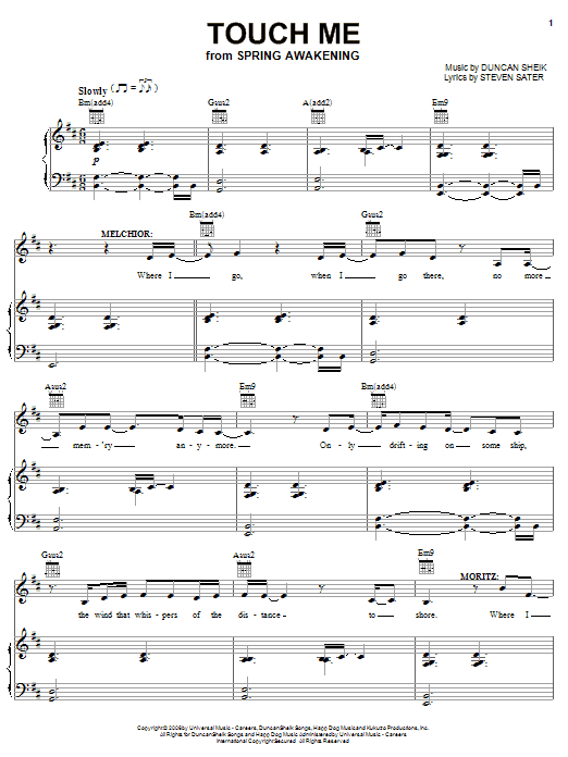 Duncan Sheik Touch Me Sheet Music Notes & Chords for Piano, Vocal & Guitar (Right-Hand Melody) - Download or Print PDF