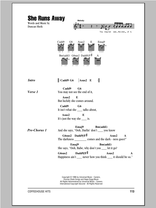Preview Duncan Sheik She Runs Away Rock sheet music, notes and chords for Lyrics & Chords, SKU: 94100 She Runs Away sheet music