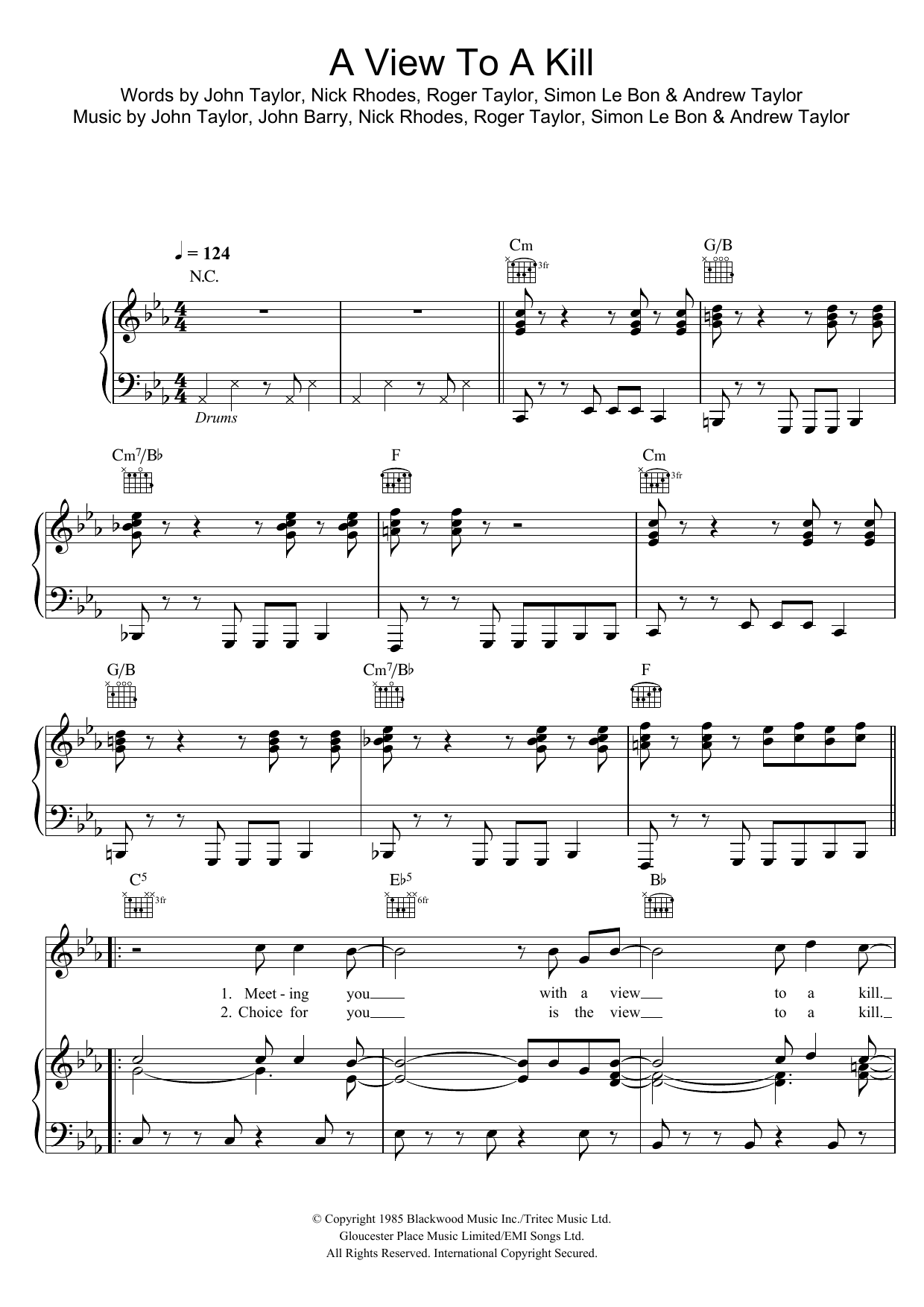 Duran Duran A View To A Kill Sheet Music Notes & Chords for Piano, Vocal & Guitar (Right-Hand Melody) - Download or Print PDF