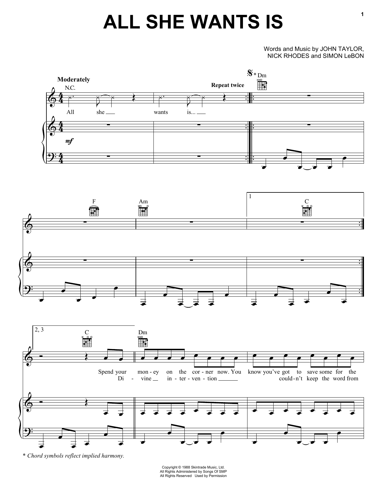 Duran Duran All She Wants Is Sheet Music Notes & Chords for Piano, Vocal & Guitar (Right-Hand Melody) - Download or Print PDF