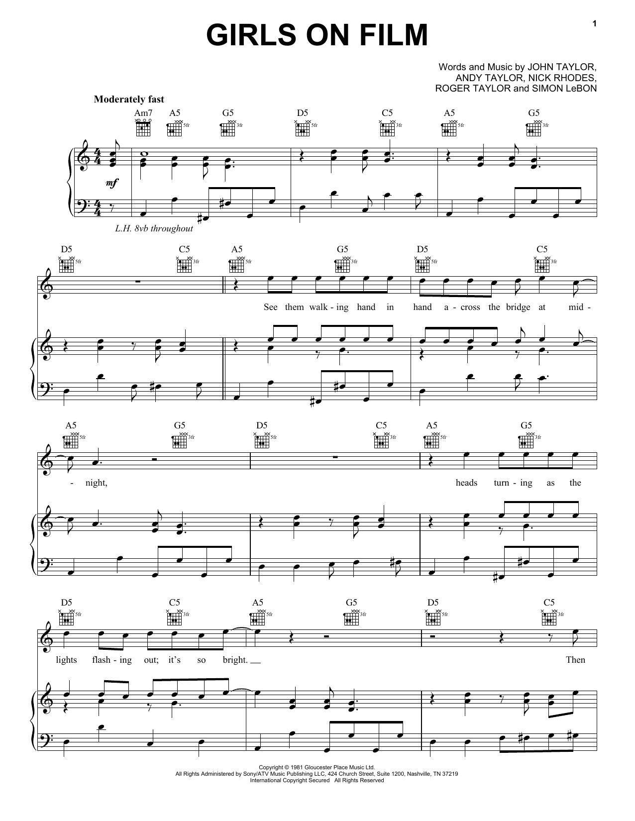 Duran Duran Girls On Film Sheet Music Notes & Chords for Piano, Vocal & Guitar (Right-Hand Melody) - Download or Print PDF