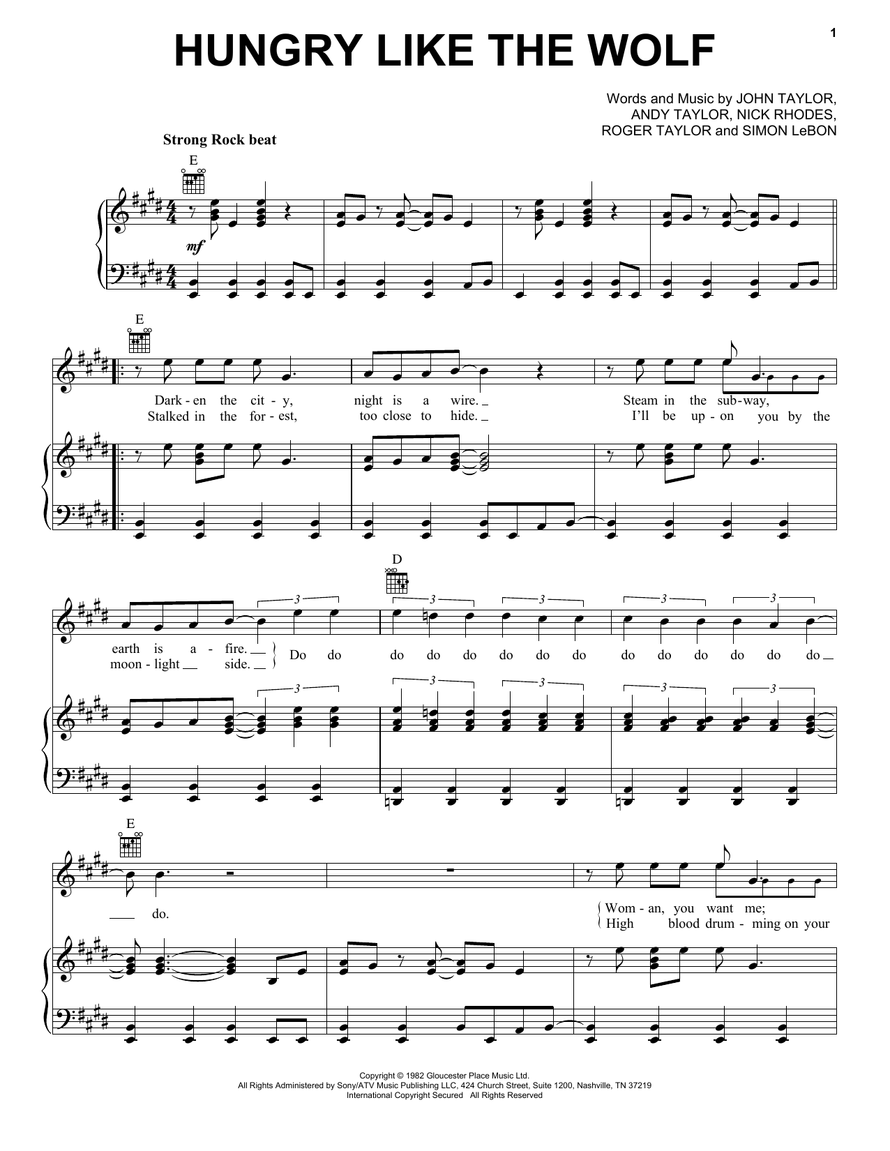 Duran Duran Hungry Like The Wolf Sheet Music Notes & Chords for Piano, Vocal & Guitar (Right-Hand Melody) - Download or Print PDF