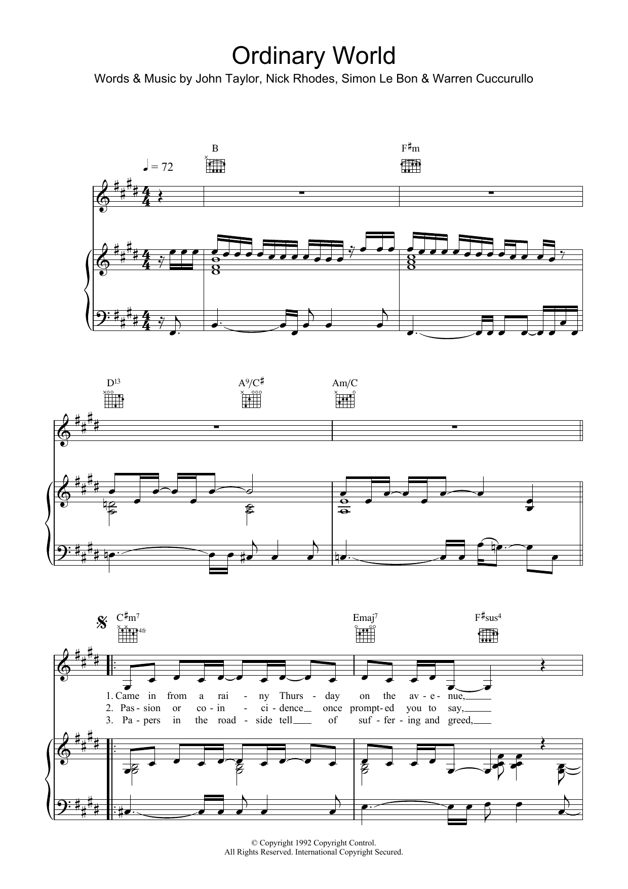 Duran Duran Ordinary World Sheet Music Notes & Chords for Piano, Vocal & Guitar (Right-Hand Melody) - Download or Print PDF