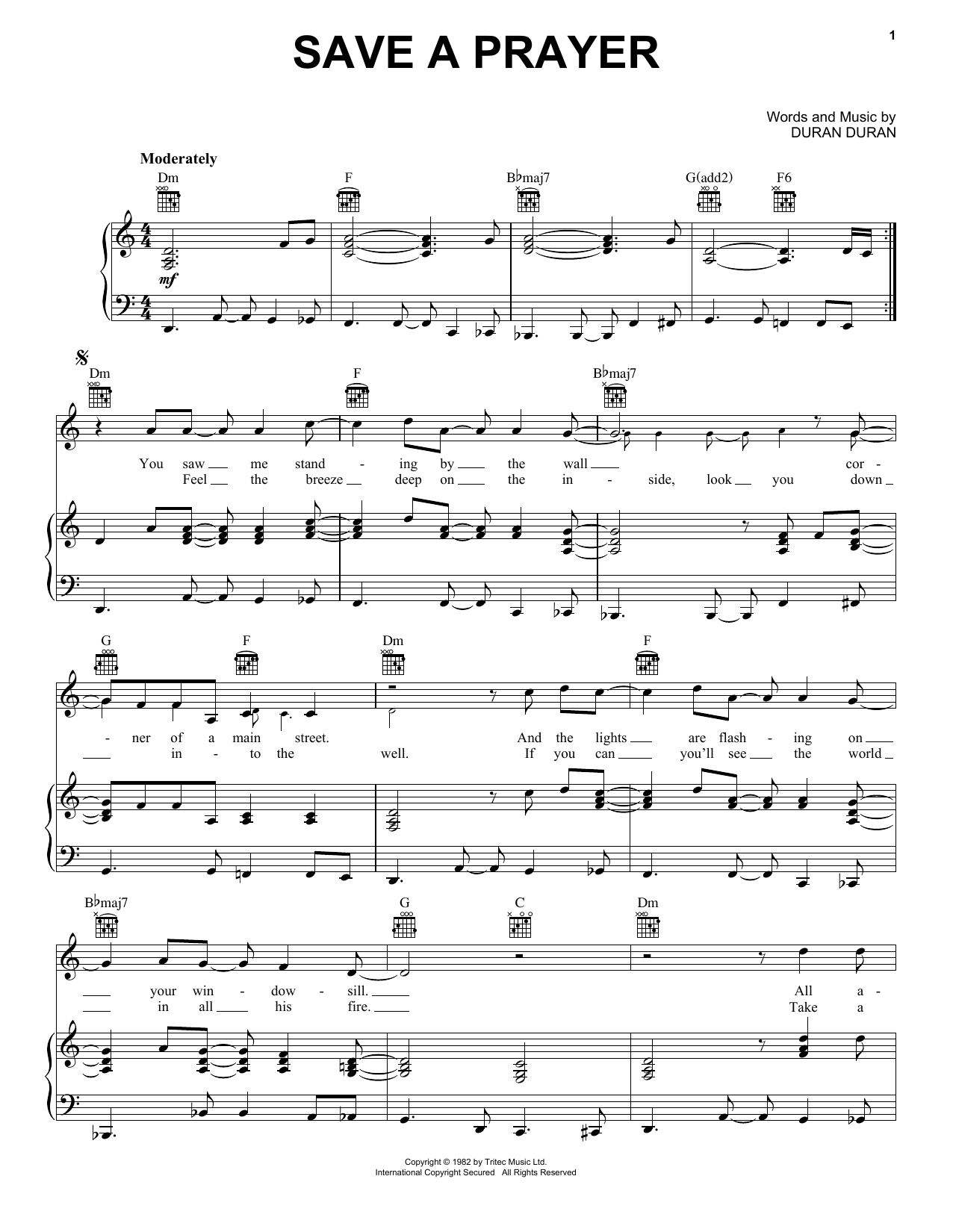 Duran Duran Save A Prayer Sheet Music Notes & Chords for Piano, Vocal & Guitar Chords (Right-Hand Melody) - Download or Print PDF