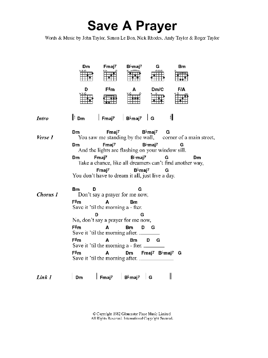 Duran Duran Save A Prayer Til The Morning After Sheet Music Notes & Chords for Guitar Chords/Lyrics - Download or Print PDF