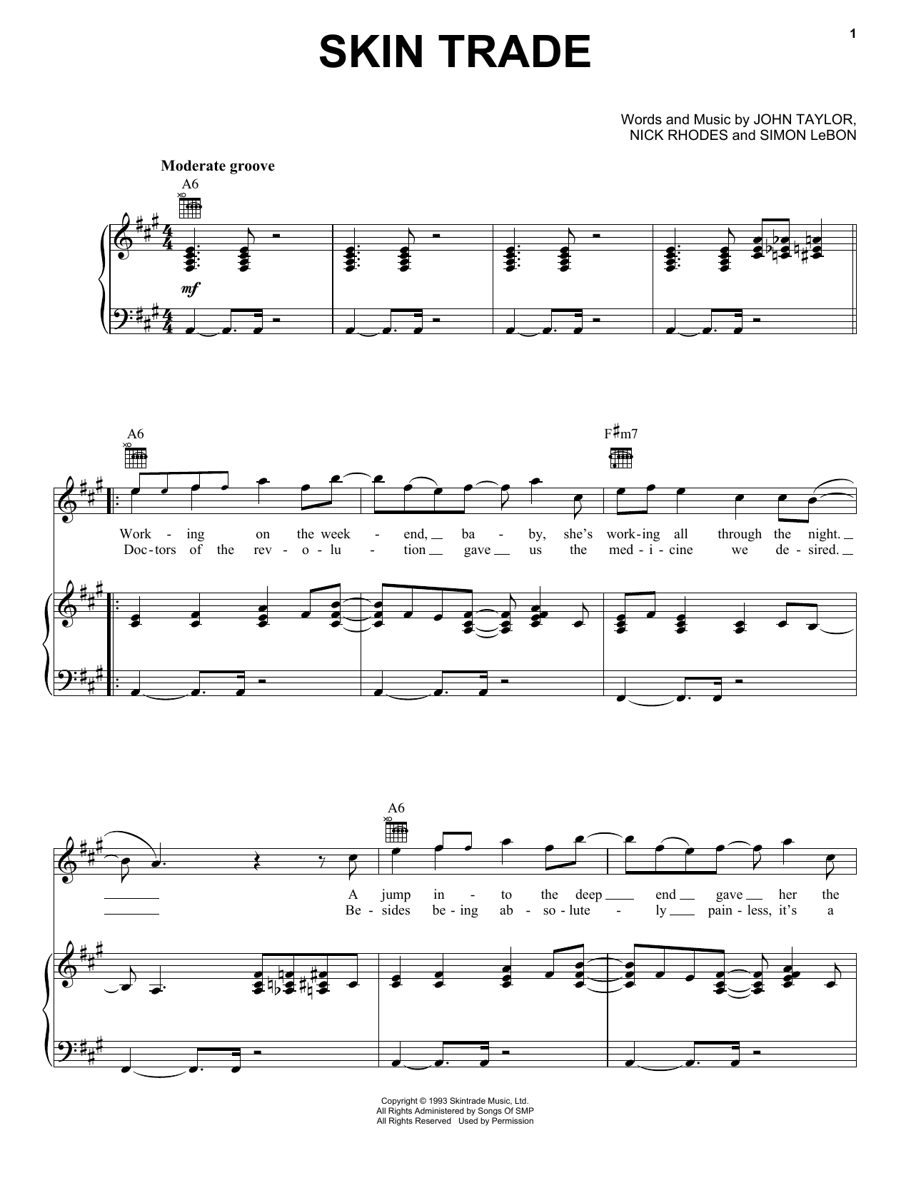 Duran Duran Skin Trade Sheet Music Notes & Chords for Piano, Vocal & Guitar (Right-Hand Melody) - Download or Print PDF