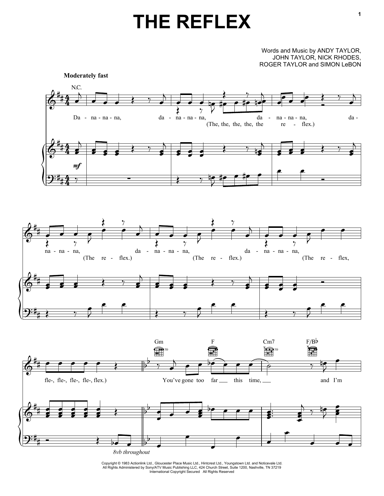 Duran Duran The Reflex Sheet Music Notes & Chords for Piano, Vocal & Guitar (Right-Hand Melody) - Download or Print PDF