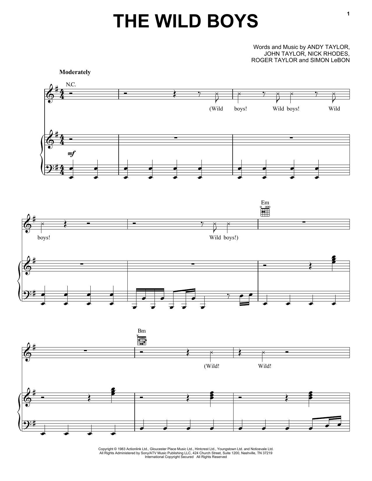 Duran Duran The Wild Boys Sheet Music Notes & Chords for Piano, Vocal & Guitar (Right-Hand Melody) - Download or Print PDF