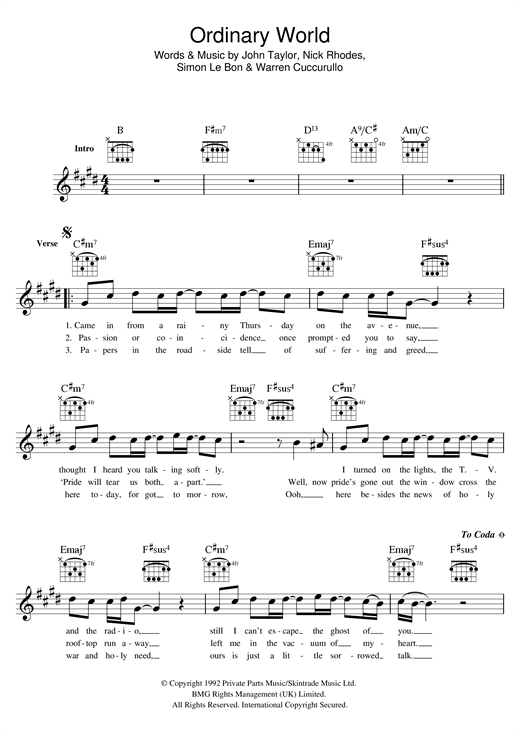 Preview Duran Duran Ordinary World Rock sheet music, notes and chords for Melody Line, Lyrics & Chords, SKU: 188875 Ordinary World sheet music