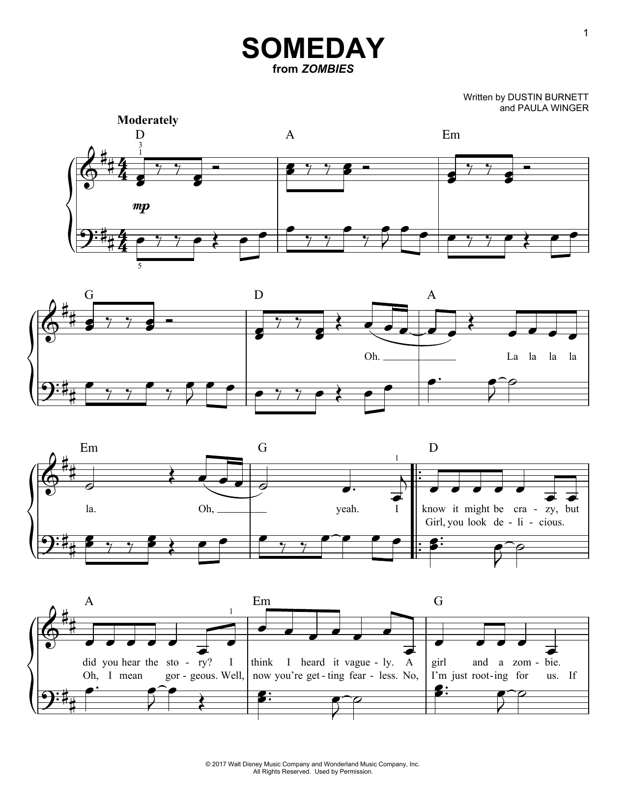 Dustin Burnett Someday (from Disney's Zombies) Sheet Music Notes & Chords for Easy Piano - Download or Print PDF