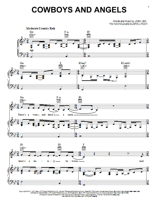 Dustin Lynch Cowboys And Angels Sheet Music Notes & Chords for Piano, Vocal & Guitar (Right-Hand Melody) - Download or Print PDF