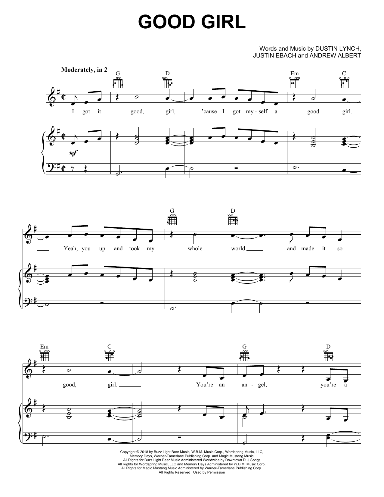 Dustin Lynch Good Girl Sheet Music Notes & Chords for Piano, Vocal & Guitar (Right-Hand Melody) - Download or Print PDF