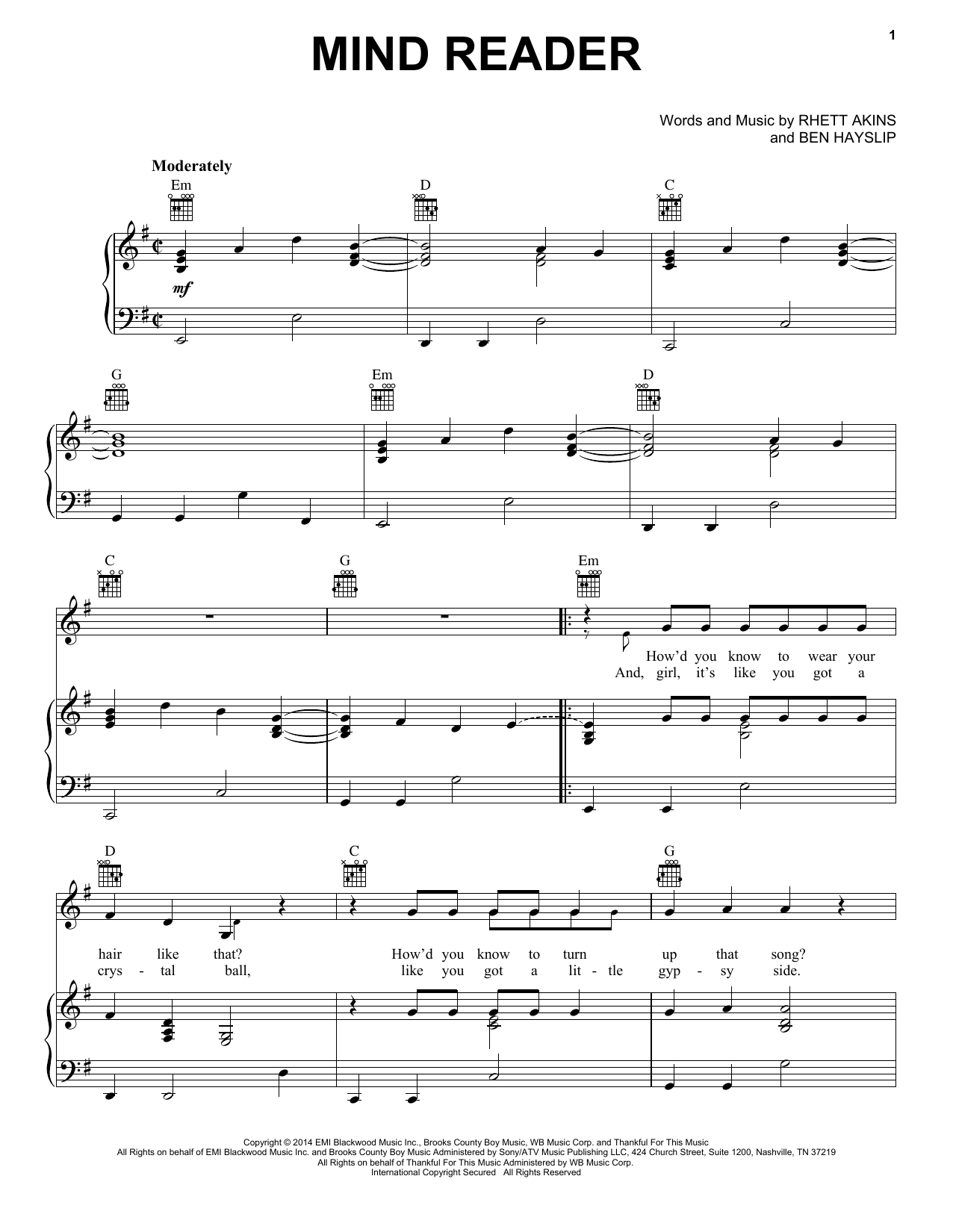 Dustin Lynch Mind Reader Sheet Music Notes & Chords for Piano, Vocal & Guitar (Right-Hand Melody) - Download or Print PDF