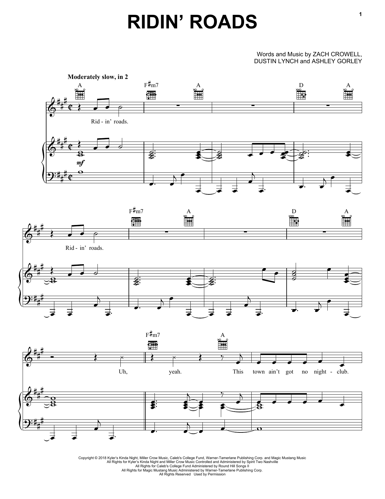 Dustin Lynch Ridin' Roads Sheet Music Notes & Chords for Piano, Vocal & Guitar (Right-Hand Melody) - Download or Print PDF
