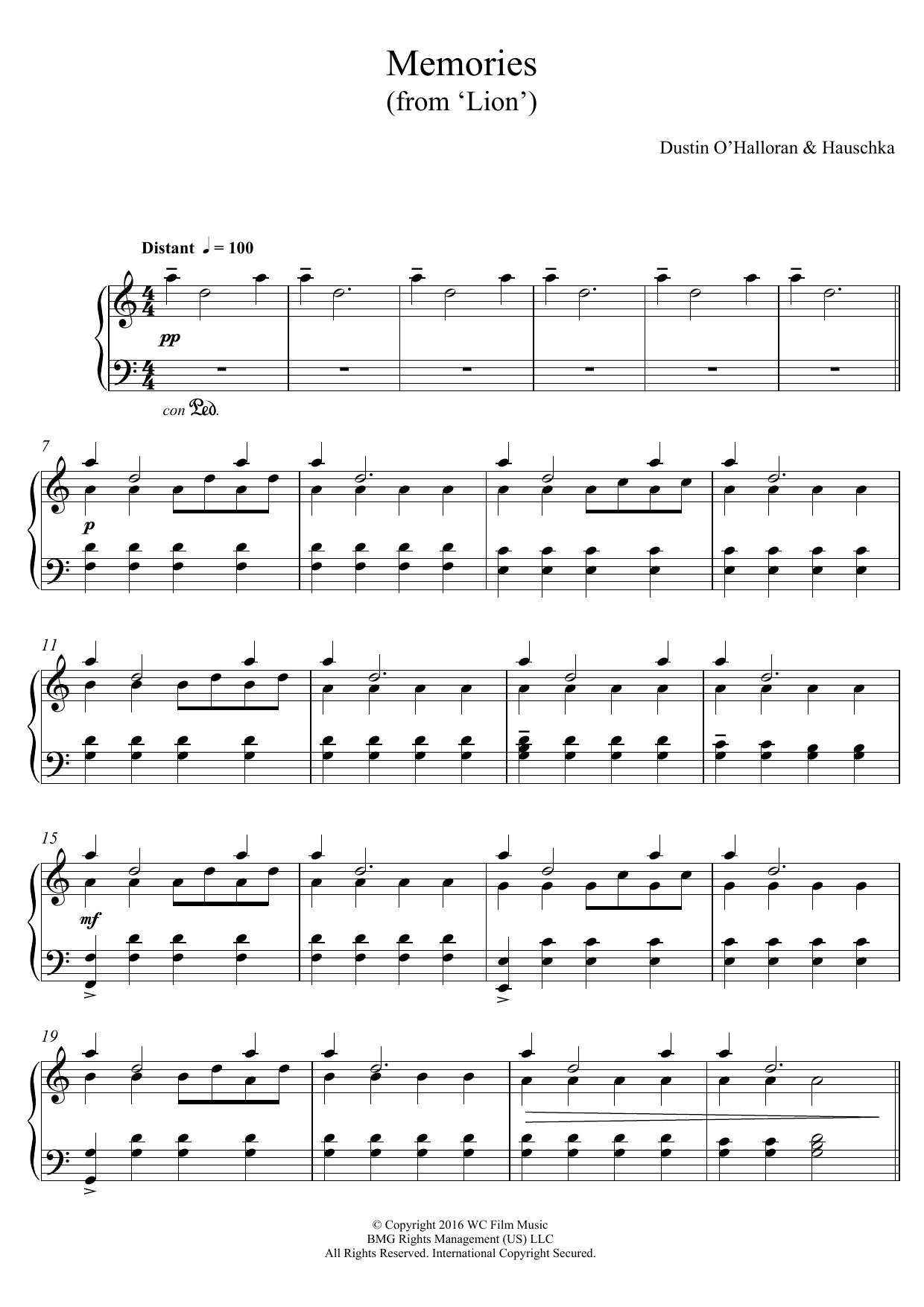 Dustin O'Halloran Memories (from 'Lion') Sheet Music Notes & Chords for Piano - Download or Print PDF