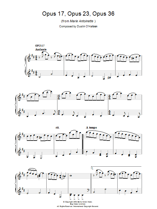 Dustin O'Halloran Opus 17, Opus 23, Opus 36 (from 'Marie Antoinette') Sheet Music Notes & Chords for Piano - Download or Print PDF