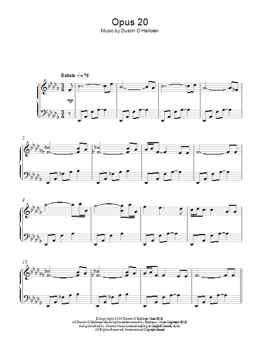 Dustin O'Halloran Opus 20 Sheet Music Notes & Chords for Piano - Download or Print PDF