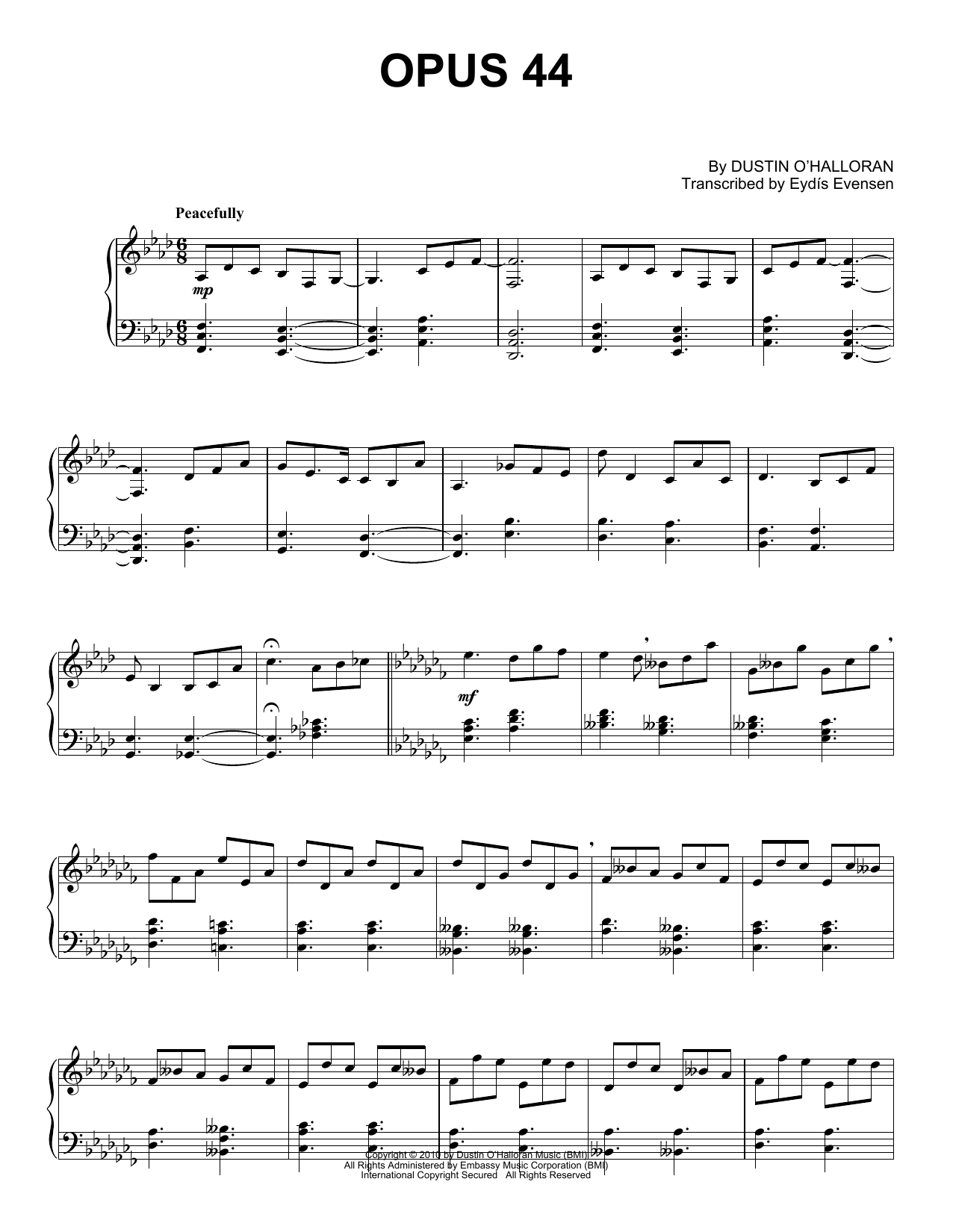 Dustin O'Halloran Opus 44 Sheet Music Notes & Chords for Piano Solo - Download or Print PDF