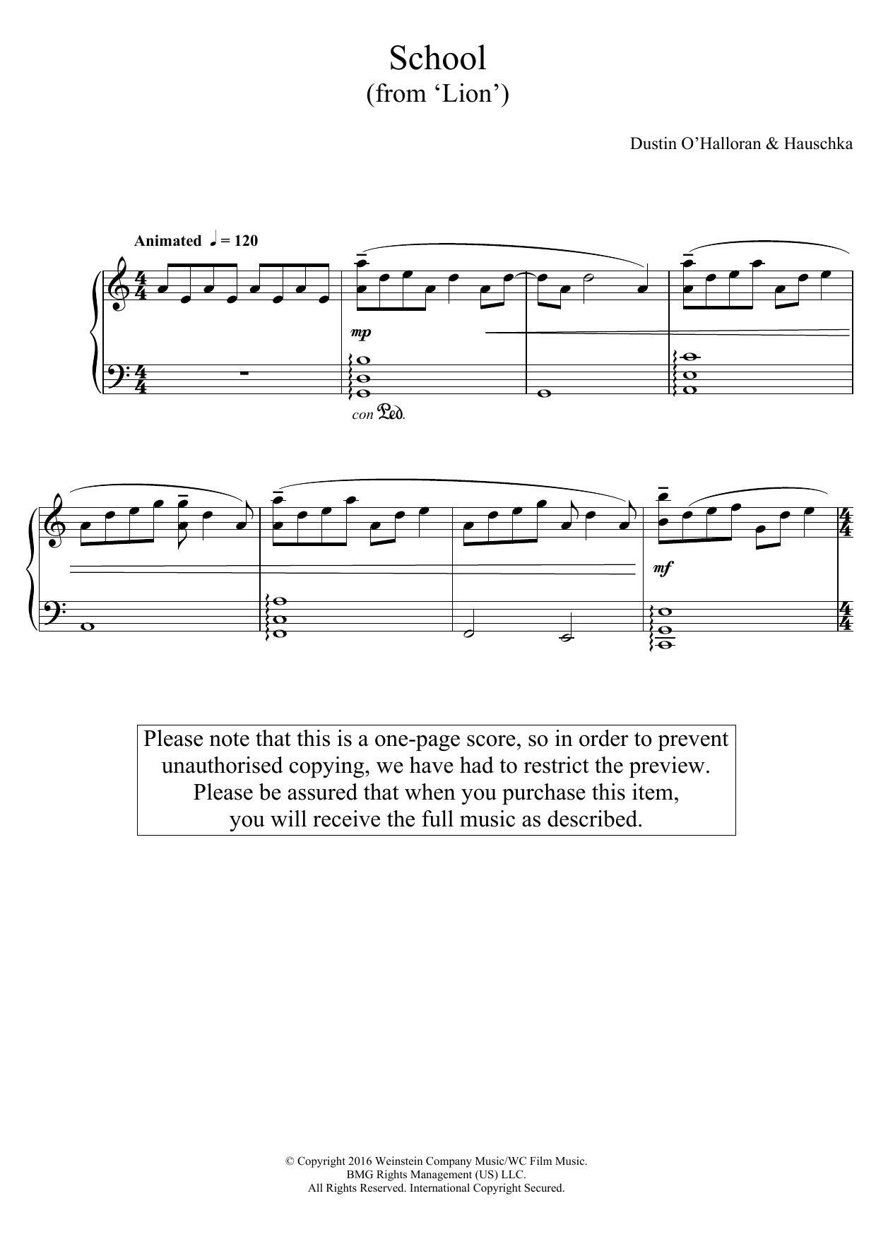 Dustin O'Halloran School (from 'Lion') Sheet Music Notes & Chords for Piano - Download or Print PDF