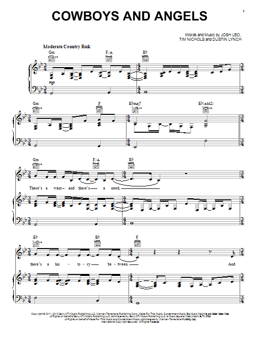 Preview Dustin Lynch Cowboys And Angels Pop sheet music, notes and chords for Piano, Vocal & Guitar (Right-Hand Melody), SKU: 93114 Cowboys And Angels sheet music