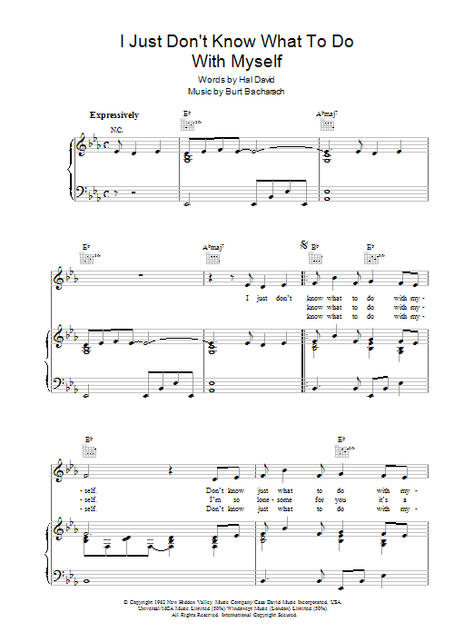 Bacharach & David I Just Don't Know What To Do With Myself Sheet Music Notes & Chords for Piano, Vocal & Guitar (Right-Hand Melody) - Download or Print PDF