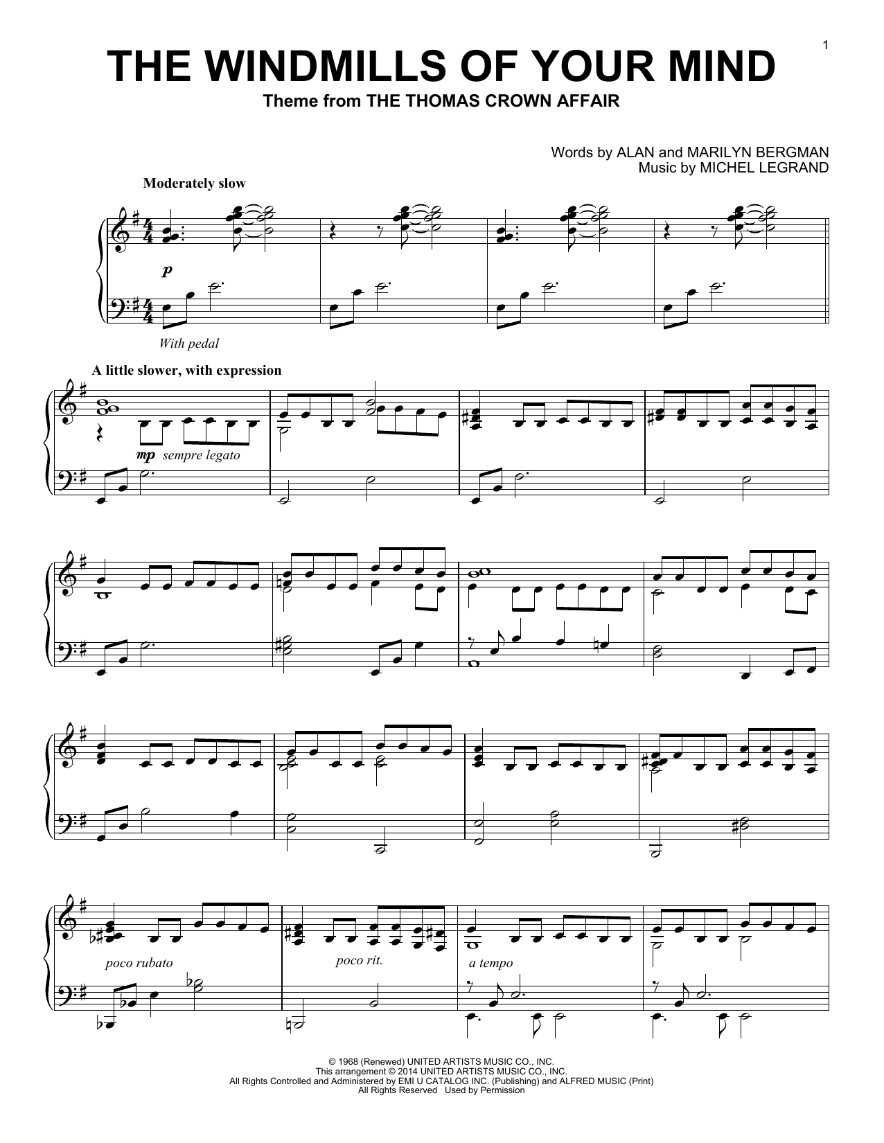 Dusty Springfield The Windmills Of Your Mind Sheet Music Notes & Chords for Piano - Download or Print PDF