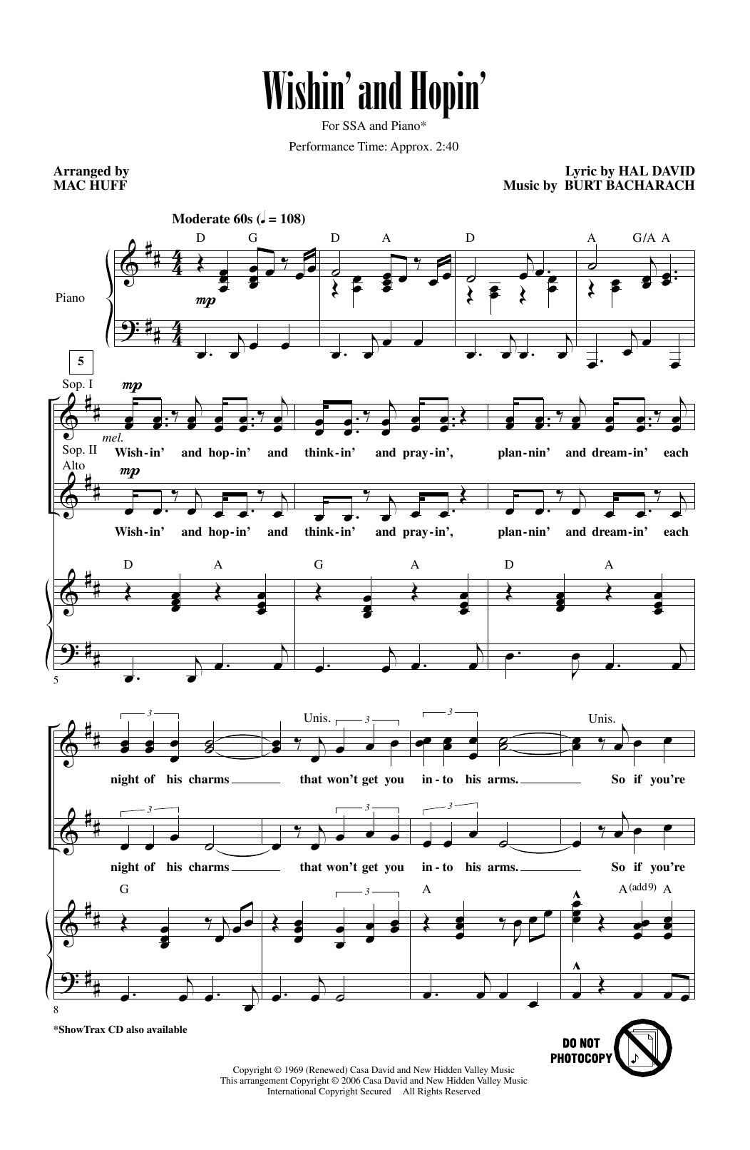 Dusty Springfield Wishin' And Hopin' (arr. Mac Huff) Sheet Music Notes & Chords for SSA Choir - Download or Print PDF