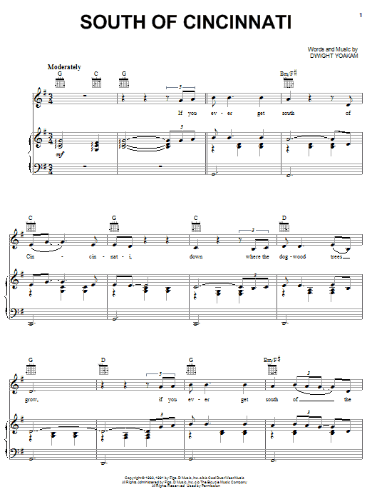 Dwight Yoakam South Of Cincinnati Sheet Music Notes & Chords for Piano, Vocal & Guitar (Right-Hand Melody) - Download or Print PDF